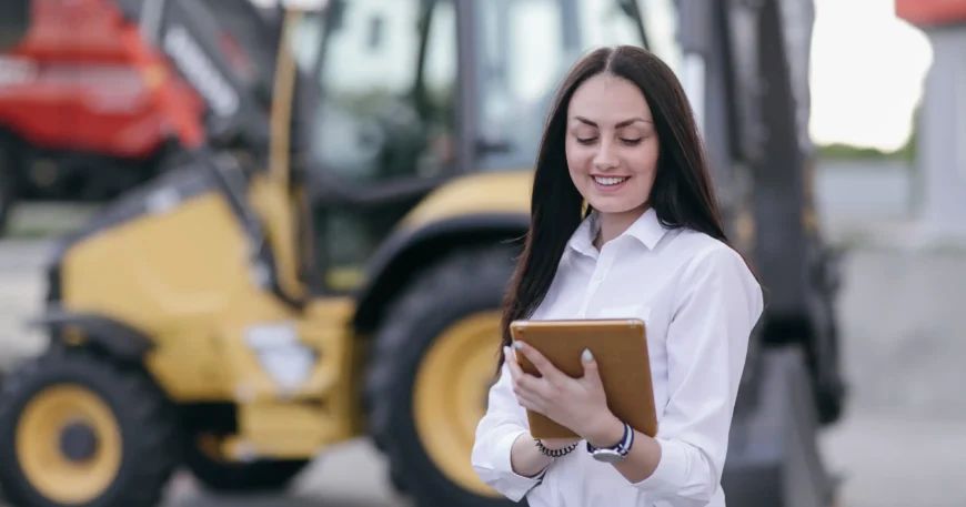 mulher operando o sistema de gestão de frotas no pátio de uma empresa em frente a uma pá carregadeira.