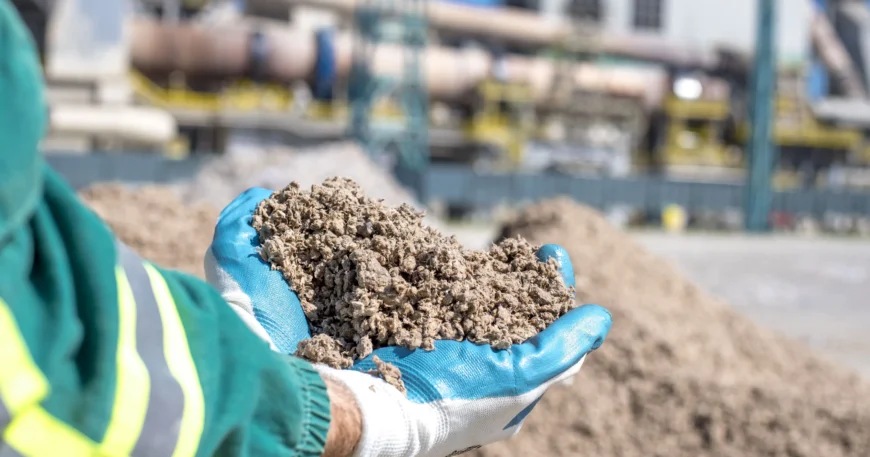 mãos com luvas e macacão EPI's segurando bioconcreto