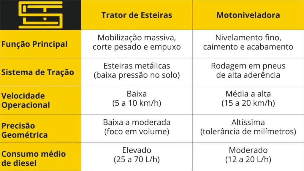 Escolha estratégica na terraplanagem: trator de esteiras ou motoniveladora? 3 trator de esteiras ou motoniveladora quadro comparativo